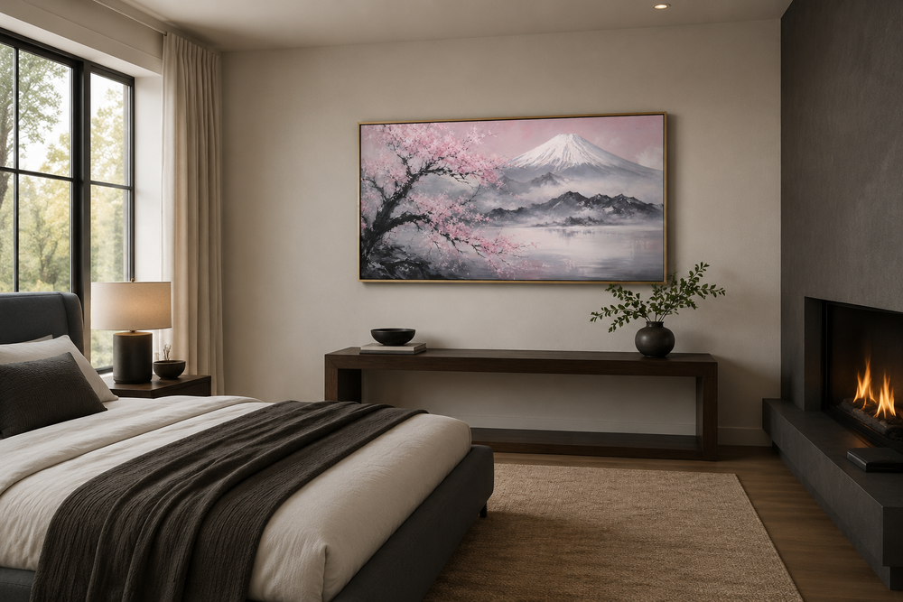 Framed canvas wall art of Mount Fuji and pink cherry blossoms above a console in a modern bedroom.