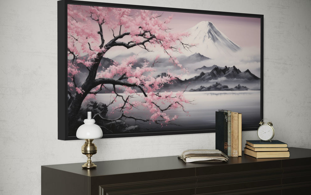 Mount Fuji And Pink Cherry Blossom Landscape Framed Canvas Wall Art