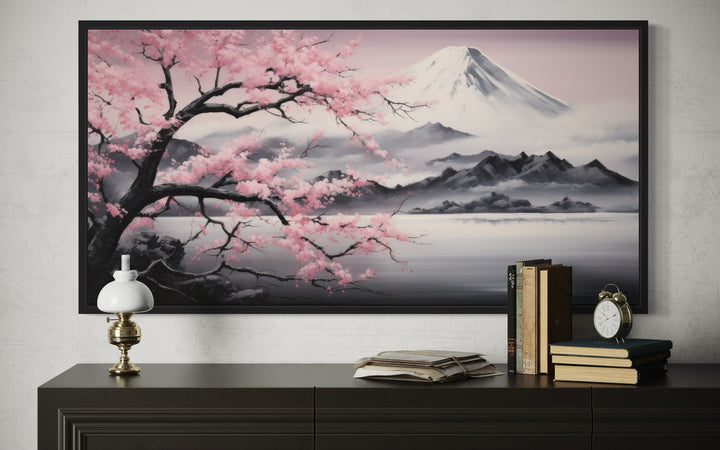 Mount Fuji And Pink Cherry Blossom Landscape Framed Canvas Wall Art