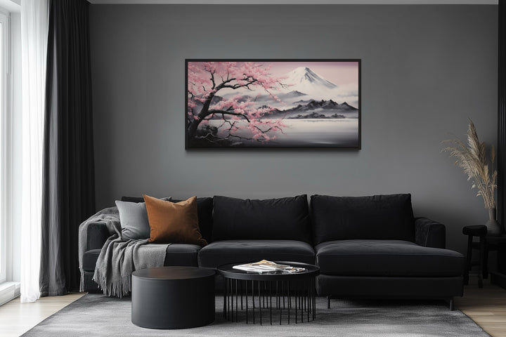 Mount Fuji And Pink Cherry Blossom Landscape Framed Canvas Wall Art