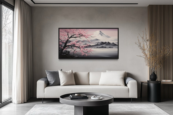 Mount Fuji And Pink Cherry Blossom Landscape Framed Canvas Wall Art