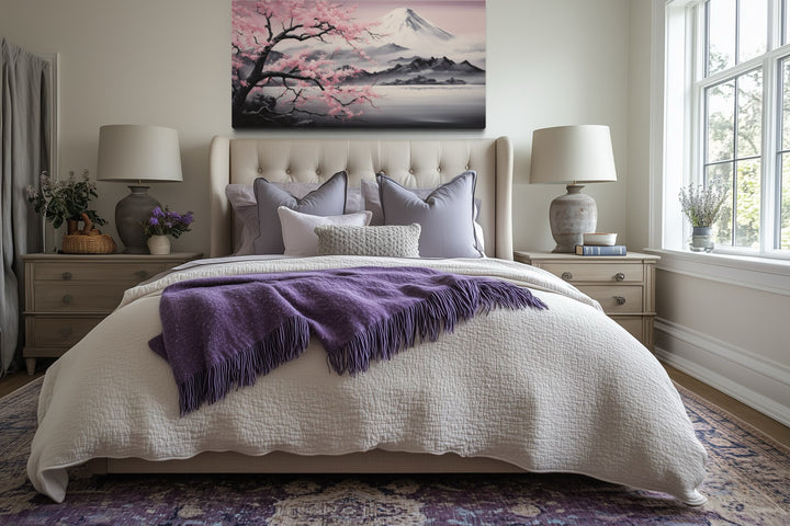 Mount Fuji And Pink Cherry Blossom Landscape Framed Canvas Wall Art