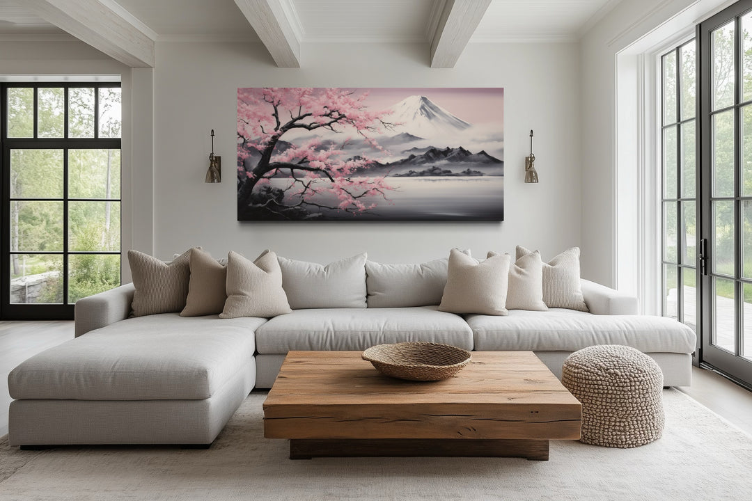 Mount Fuji And Pink Cherry Blossom Landscape Framed Canvas Wall Art