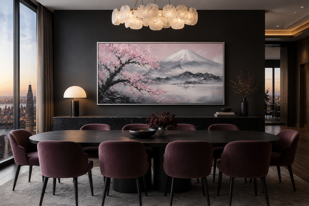 Framed canvas wall art of Mount Fuji and pink cherry blossoms in a modern dining room.