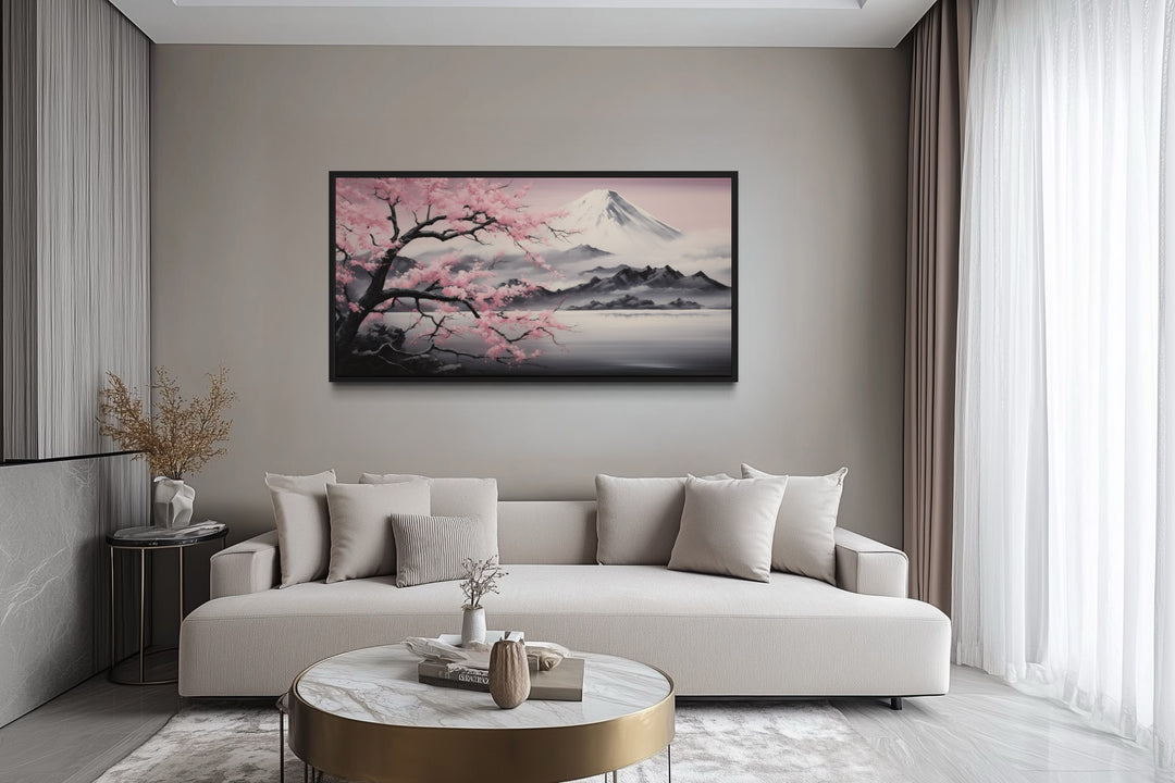 Mount Fuji And Pink Cherry Blossom Landscape Framed Canvas Wall Art