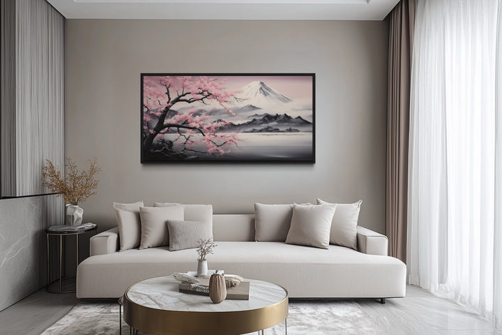 Mount Fuji And Pink Cherry Blossom Landscape Framed Canvas Wall Art