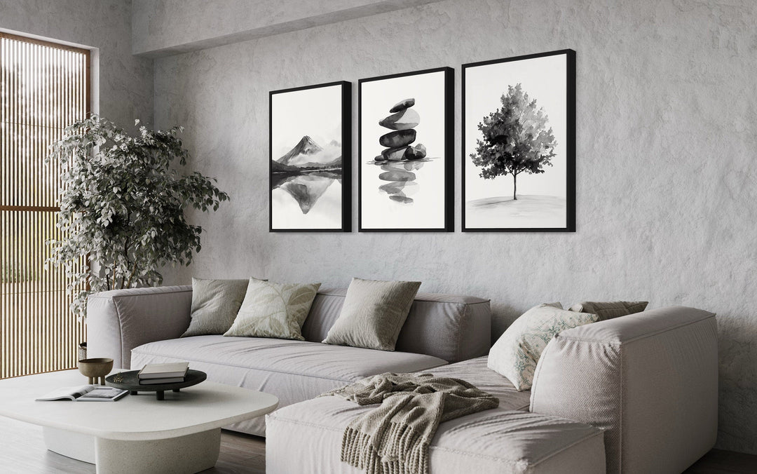 Mount Fuji, Zen Rocks, Maple Tree Black White Japandi Framed Canvas Wall Art