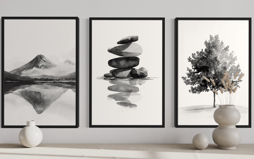 Mount Fuji, Zen Rocks, Maple Tree Black White Japandi Framed Canvas Wall Art