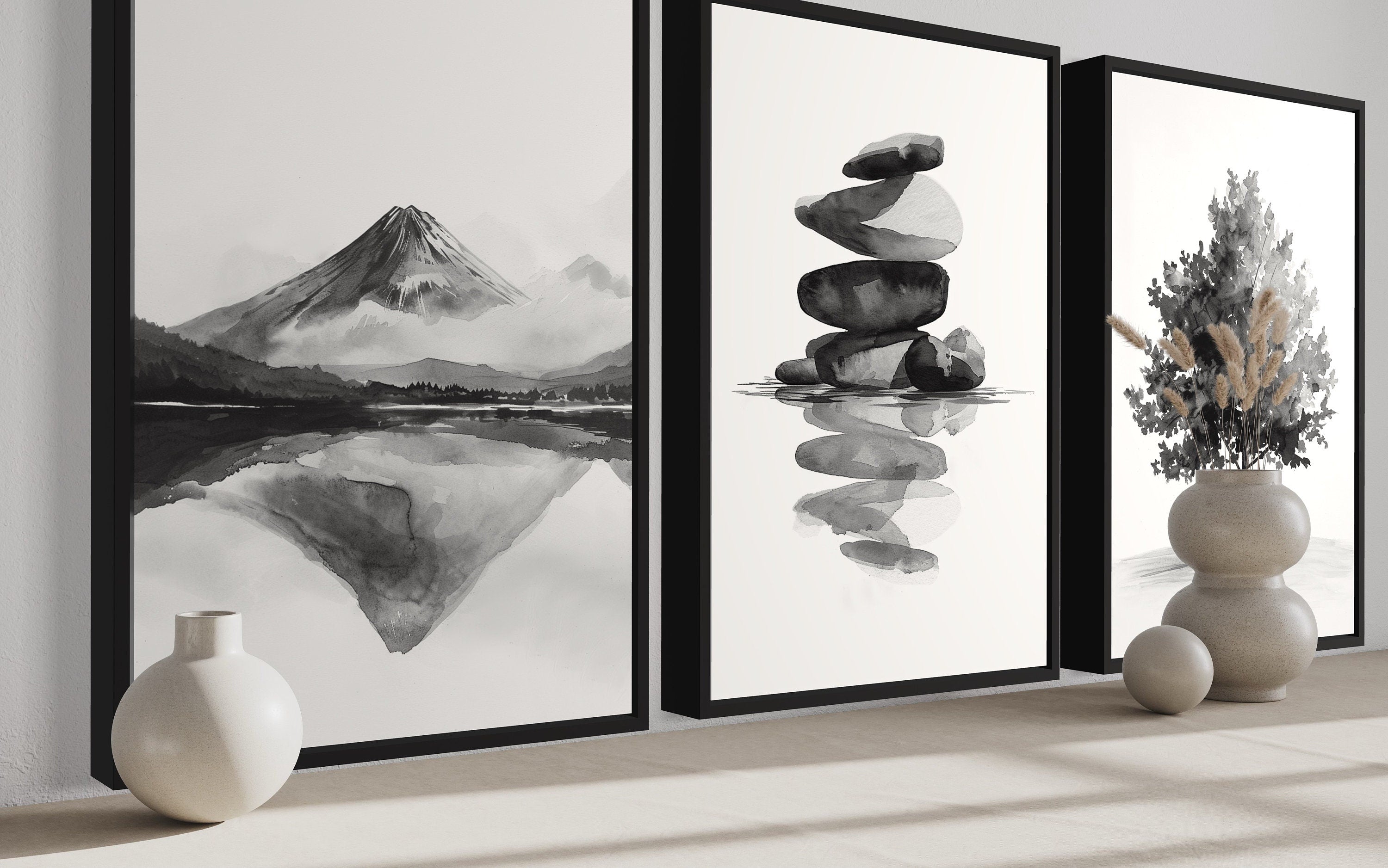 Japandi Wall Art: Mt Fuji, Zen Rocks, Maple Tree Canvas – Wall