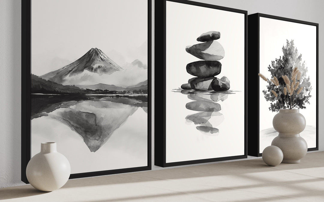 Mount Fuji, Zen Rocks, Maple Tree Black White Japandi Framed Canvas Wall Art