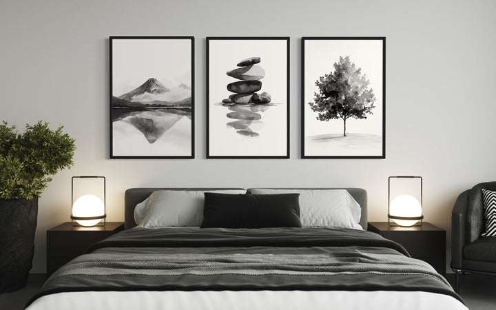 Mount Fuji, Zen Rocks, Maple Tree Black White Japandi Framed Canvas Wall Art