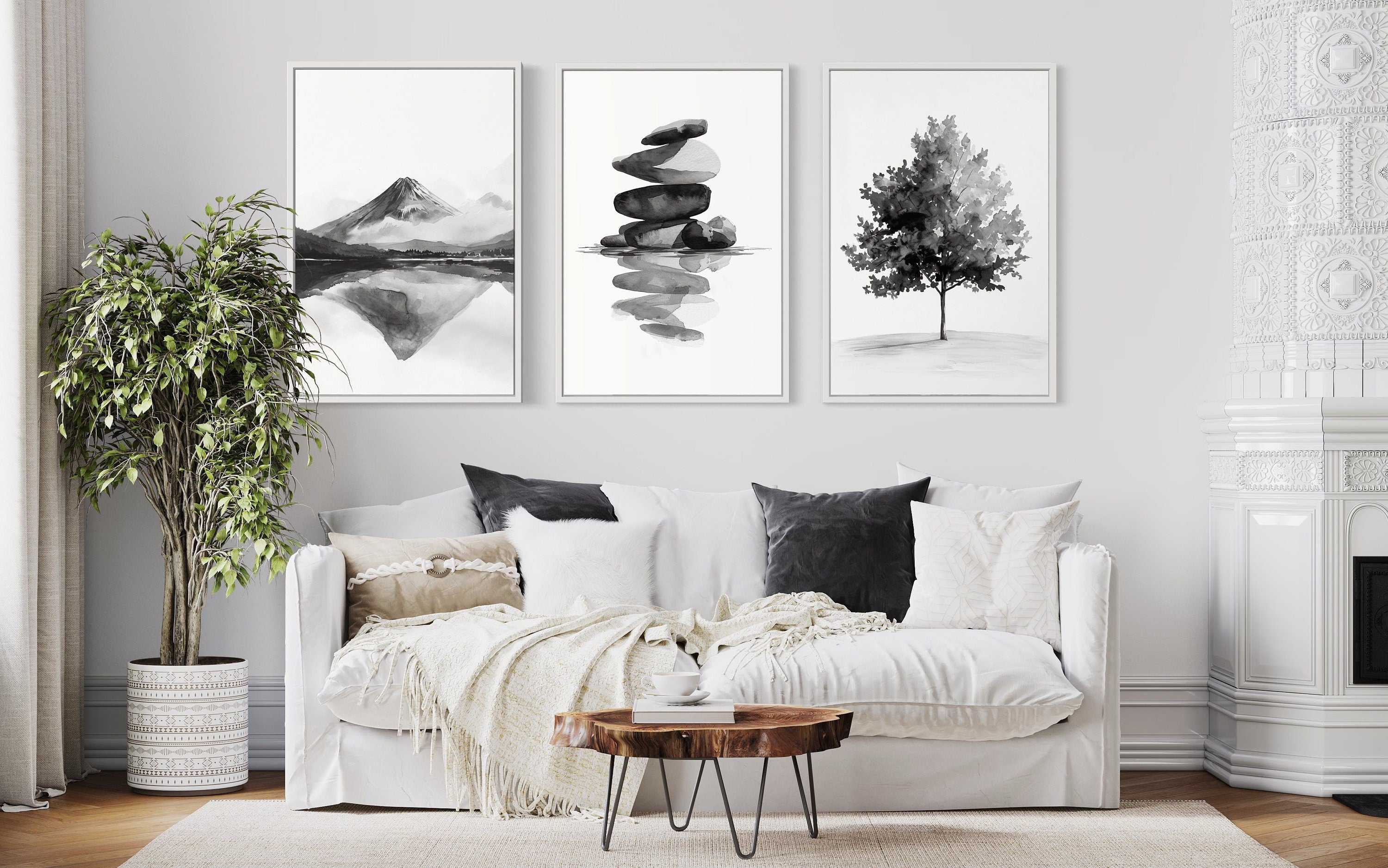 Japandi Wall Art: Mt Fuji, Zen Rocks, Maple Tree Canvas – Wall