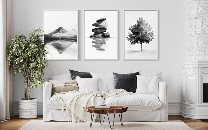 Mount Fuji, Zen Rocks, Maple Tree Black White Japandi Framed Canvas Wall Art