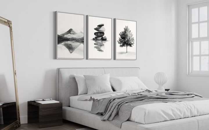 Mount Fuji, Zen Rocks, Maple Tree Black White Japandi Framed Canvas Wall Art