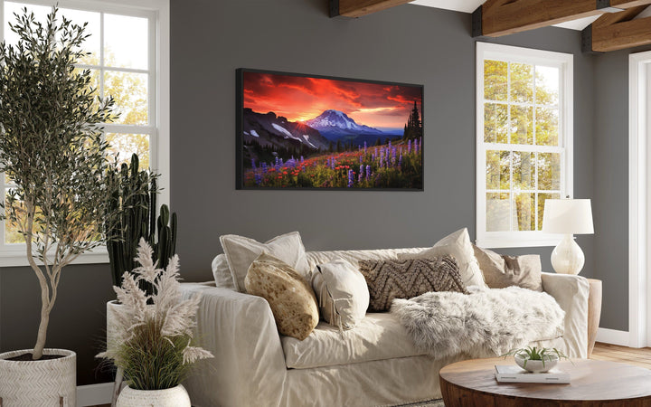 Mount Rainier Wildflowers Landscape Sunset Wall Art above couch