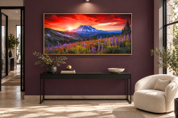Mount Rainier wall art featuring a sunset over a wildflower meadow in a gold frame.