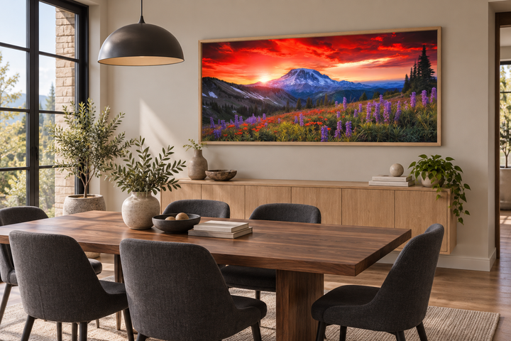 Mount Rainier wall art with wildflowers and sunset in a wooden frame above a dining table.