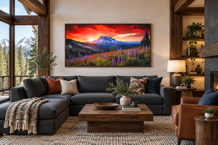 Mount Rainier wildflower canvas print above a sofa in a rustic living room at sunset.