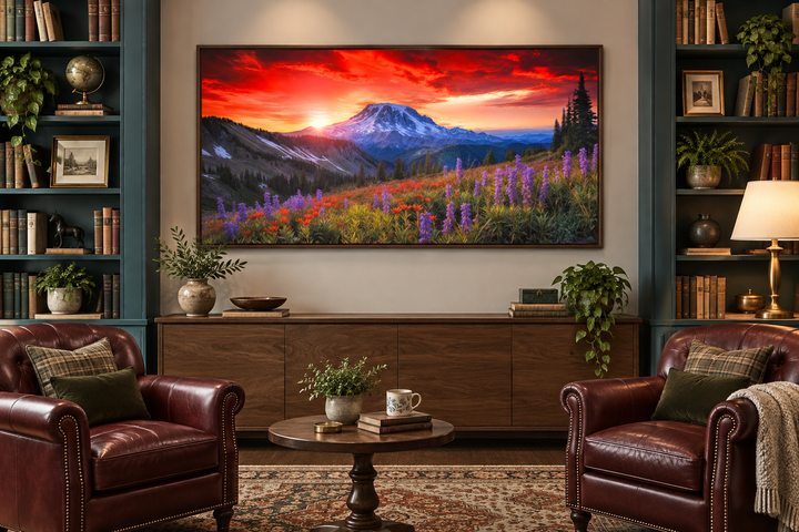 Mount Rainier wall art canvas print featuring a sunset over a wildflower meadow in a rustic room.