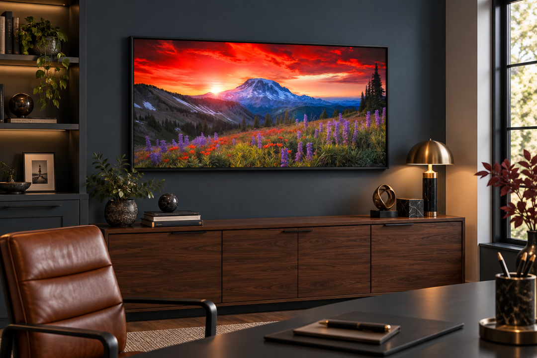 Mount Rainier wall art canvas print featuring a sunset landscape with wildflowers in a home office.