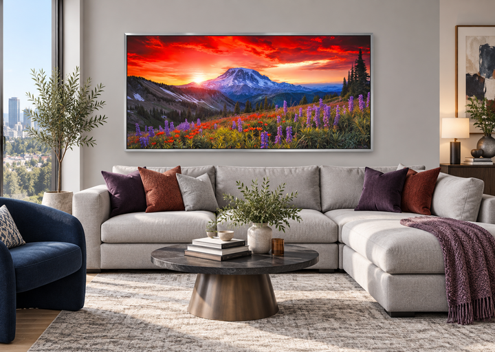 Mount Rainier wall art featuring a vibrant wildflower landscape and sunset over a modern sofa.