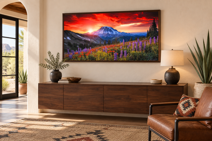 Mount Rainier wall art featuring a sunset over a wildflower field, framed above a wooden sideboard.