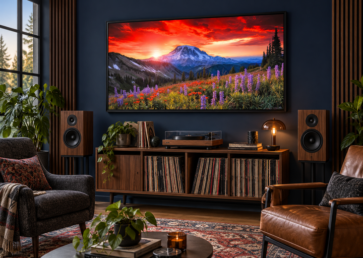 Framed Mount Rainier canvas print with wildflowers and sunset over a mid-century modern media console.