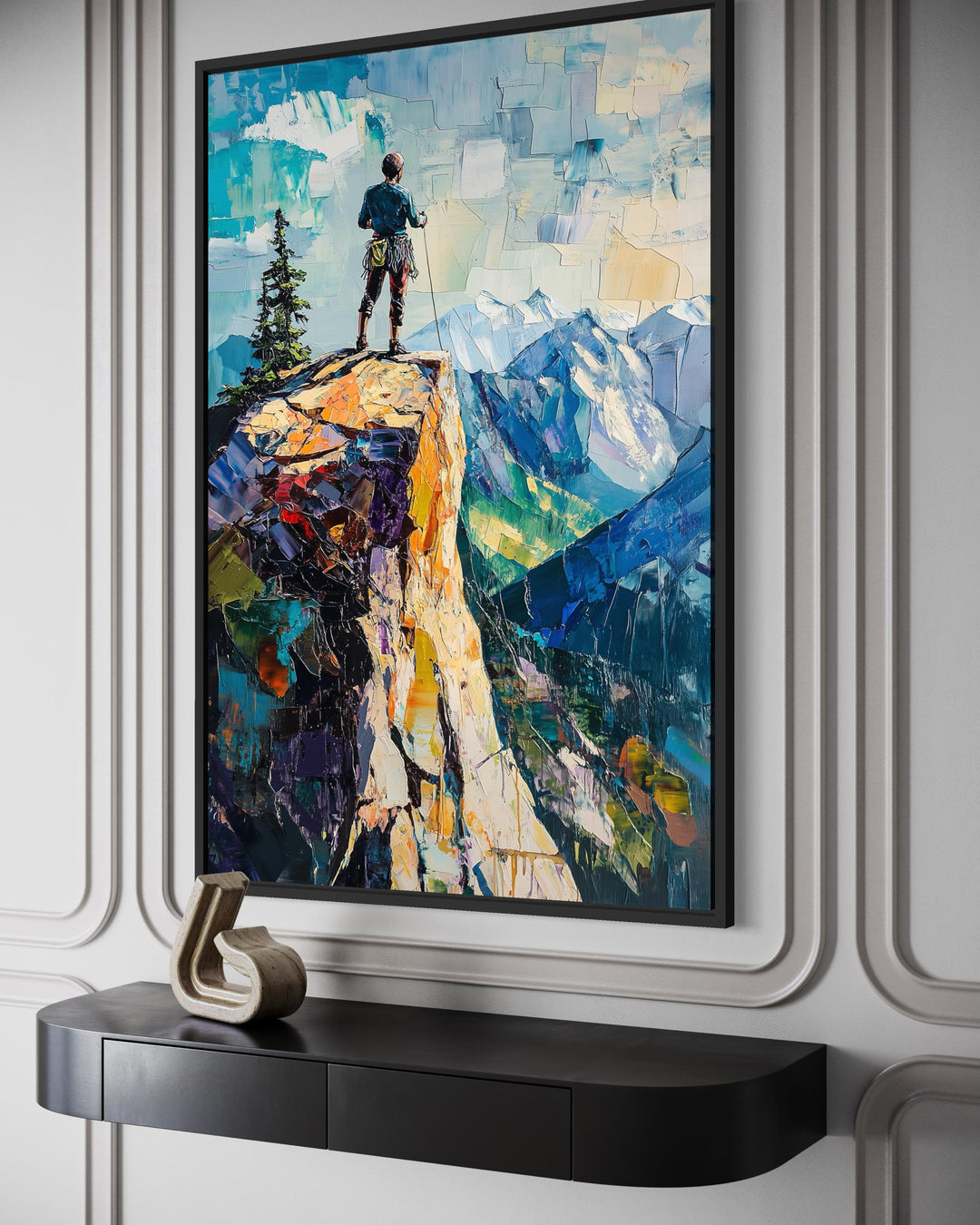 Vertical canvas print of a hiker on a cliff overlooking a mountain landscape in a textured art style.