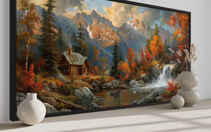 Mountain Cabin By The Lake In Autumn Framed Canvas Wall Art