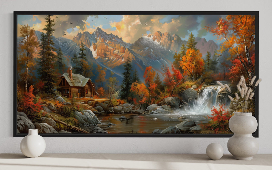 Mountain Cabin By The Lake In Autumn Framed Canvas Wall Art