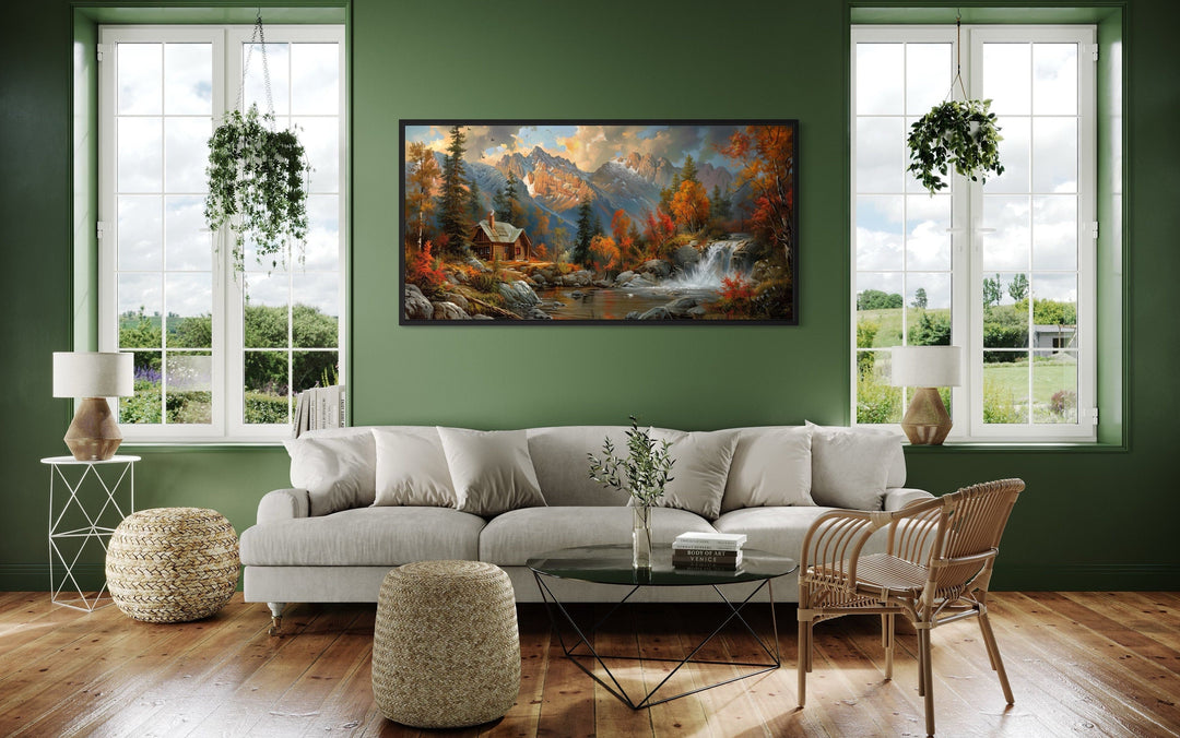 mountain cabin in fall wall art