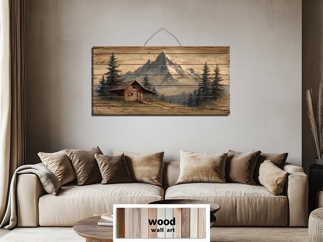 Mountain cabin distressed wood wall art with a log cabin and mountains.