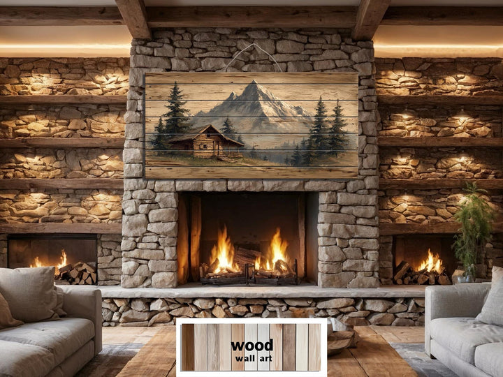 Mountain cabin distressed wood wall art with a log cabin and mountains.