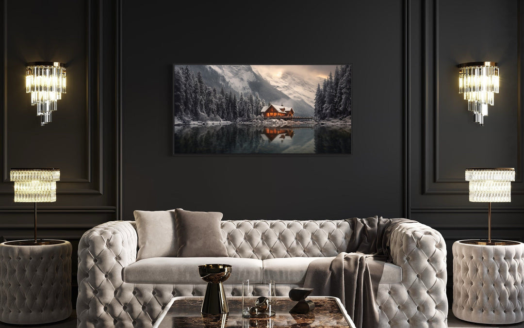 Mountain Cabin In Winter Reflected In Frozen Lake Framed Canvas Wall Art