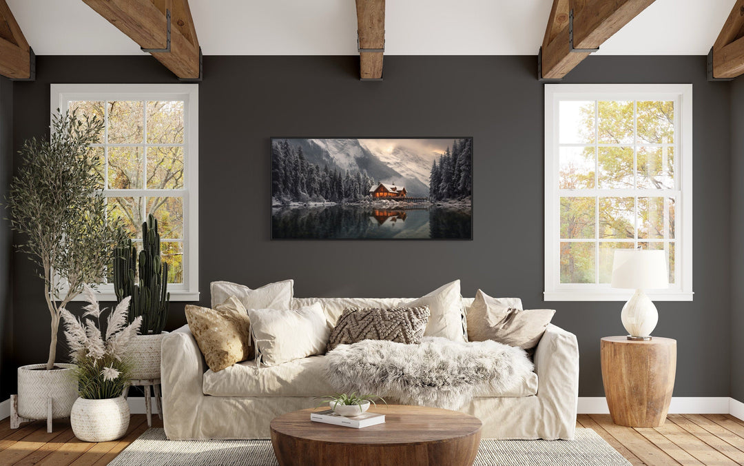 Mountain Cabin In Winter Reflected In Frozen Lake Framed Canvas Wall Art