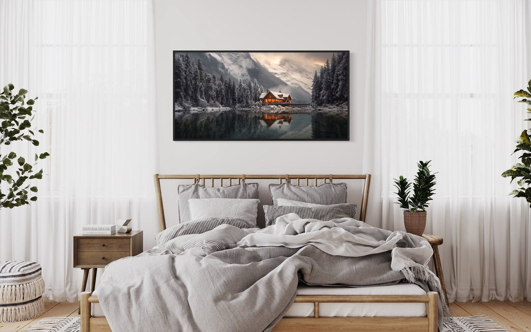 Mountain Cabin In Winter Reflected In Frozen Lake Framed Canvas Wall Art