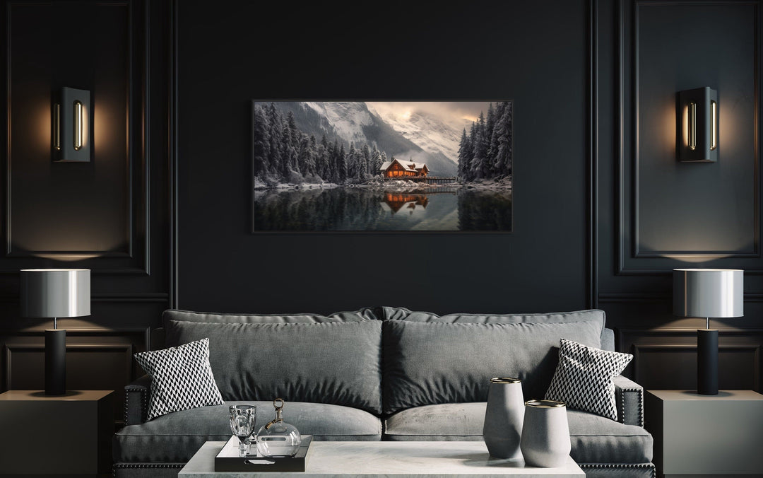 Mountain Cabin In Winter Reflected In Frozen Lake Framed Canvas Wall Art