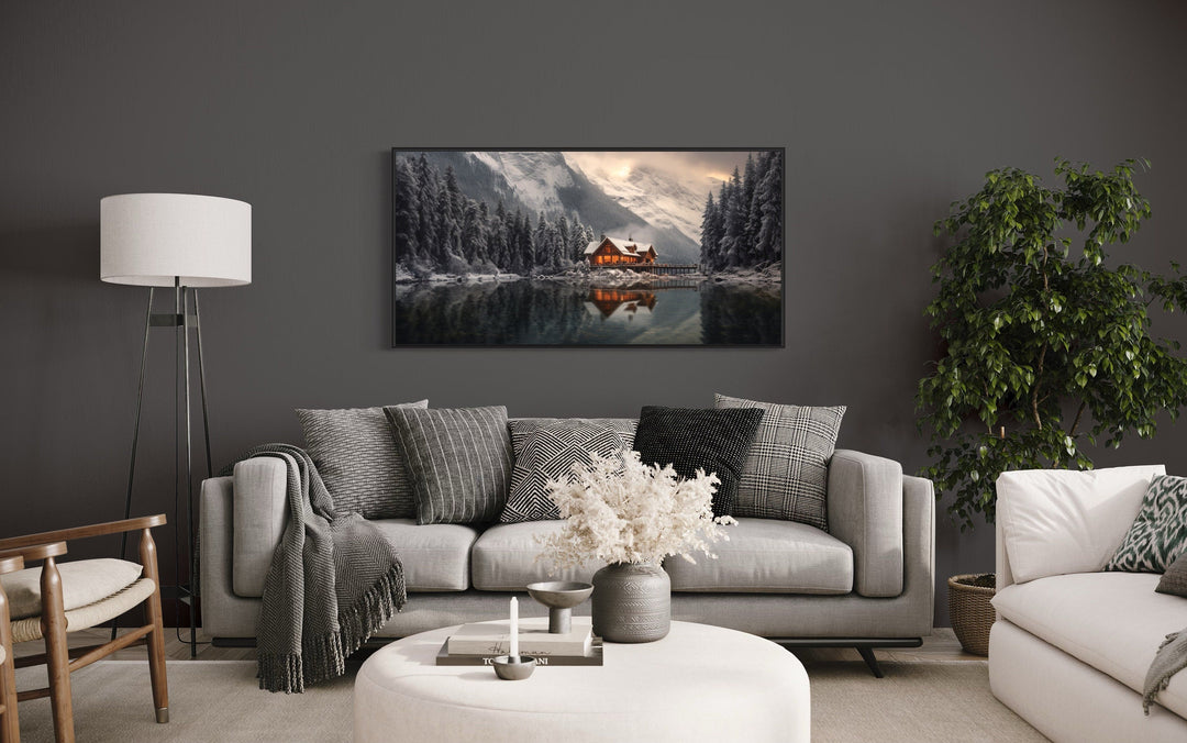 Mountain Cabin In Winter Reflected In Frozen Lake Framed Canvas Wall Art