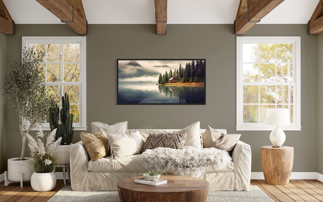 Mountain Cabin On The Lake Large Summer Landscape Framed Wall Art