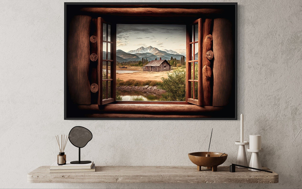 Mountain Cabin Seen Through Open Window Canvas Wall Art close up