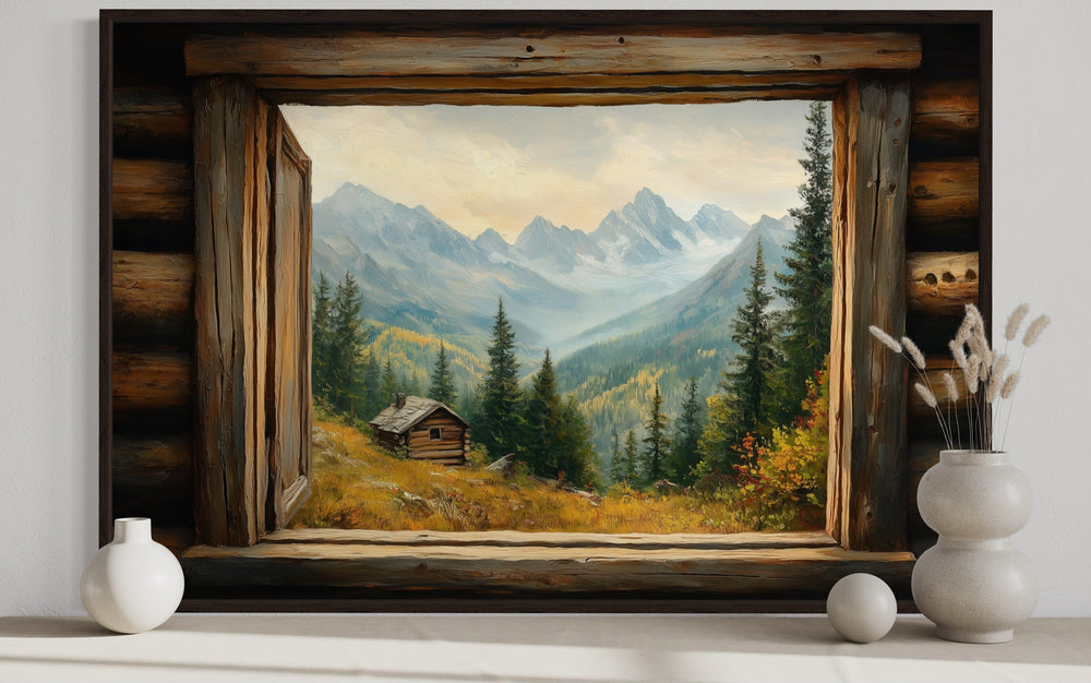 Mountain cabin seen through an open rustic wooden window canvas wall art with mountain landscape.