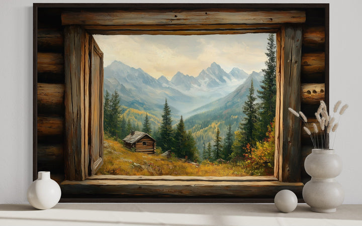 Mountain cabin seen through an open rustic wooden window canvas wall art with mountain landscape.