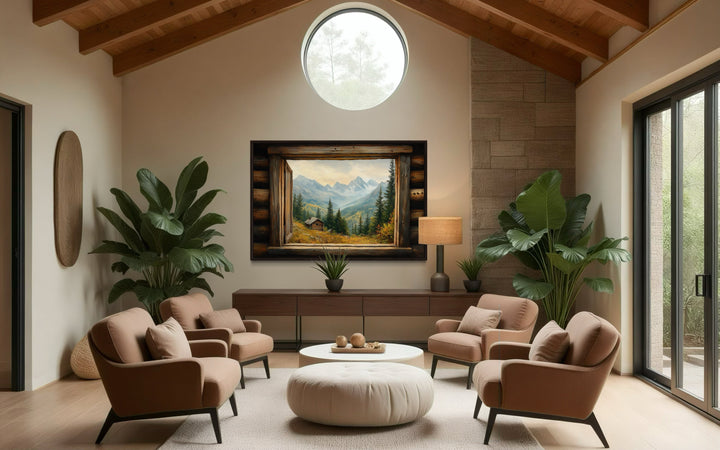 Mountain Cabin Seen Through Open Window Canvas Wall Art