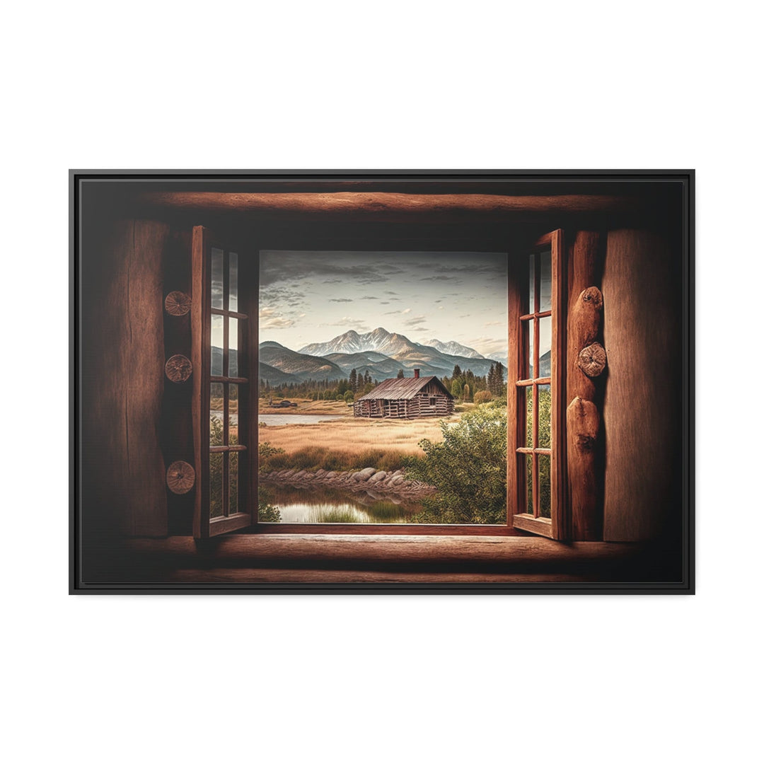 Mountain Cabin Seen Through Open Window Canvas Wall Art