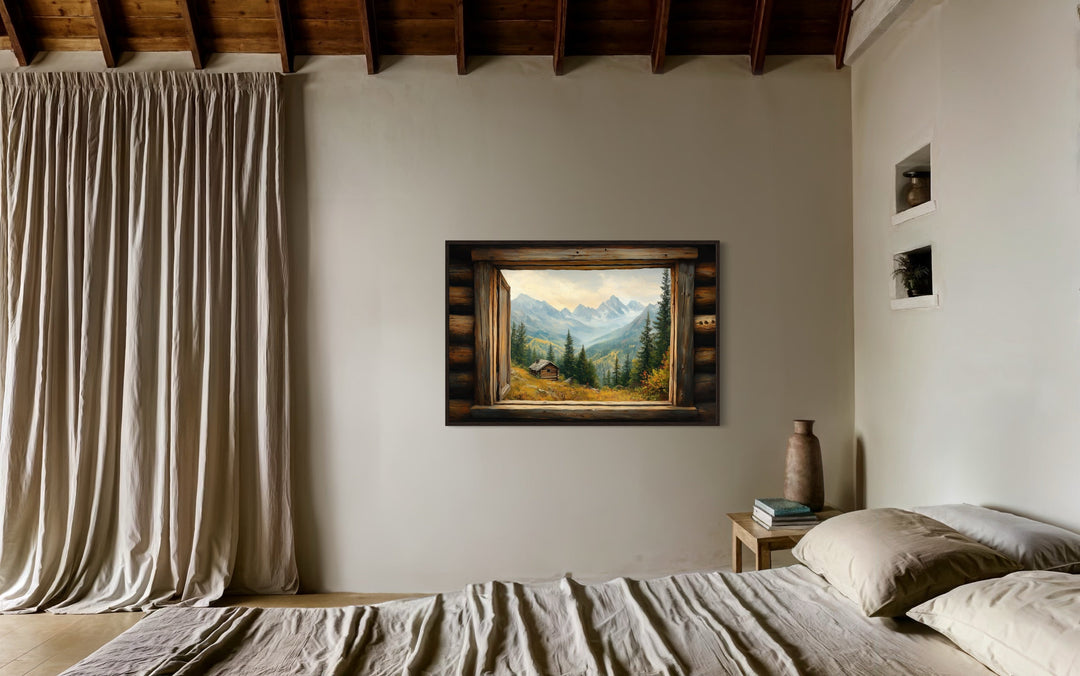 Mountain Cabin Seen Through Open Window Canvas Wall Art