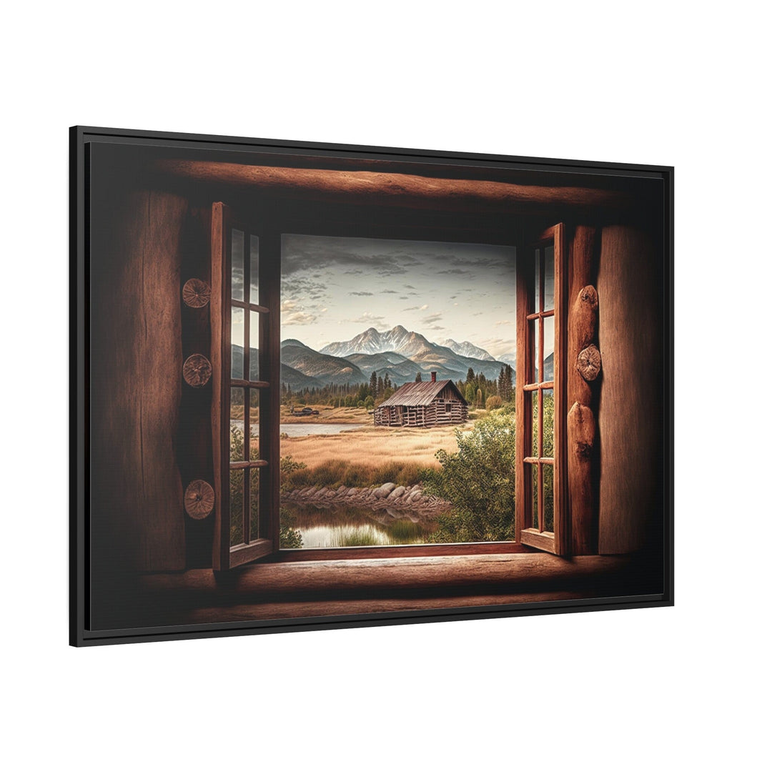 Mountain Cabin Seen Through Open Window Canvas Wall Art