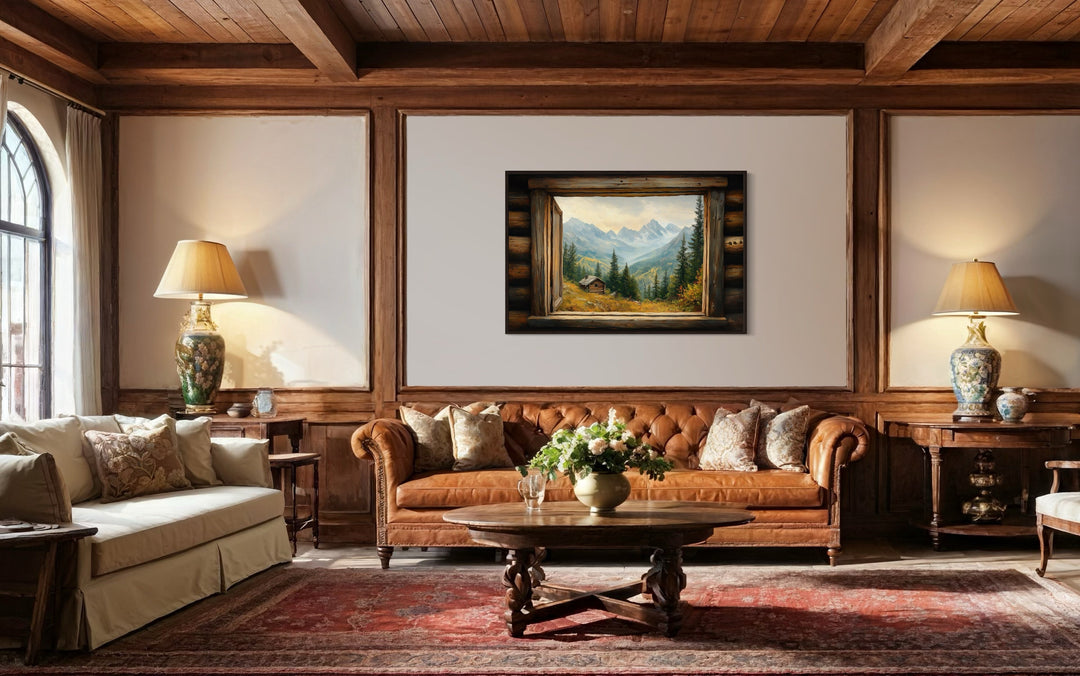 Mountain Cabin Seen Through Open Window Canvas Wall Art