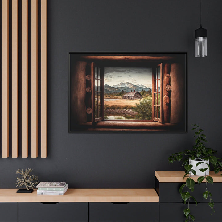 Mountain Cabin Seen Through Open Window Canvas Wall Art