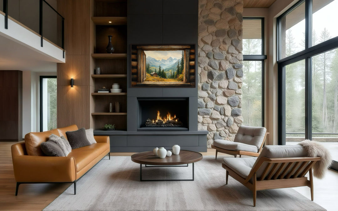 Mountain Cabin Seen Through Open Window Canvas Wall Art