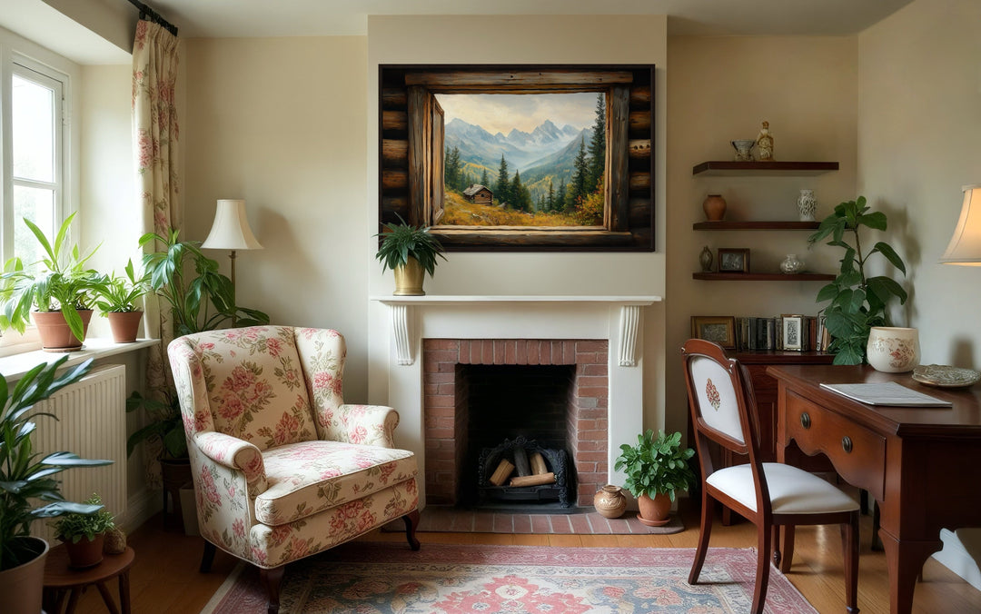 Mountain Cabin Seen Through Open Window Canvas Wall Art